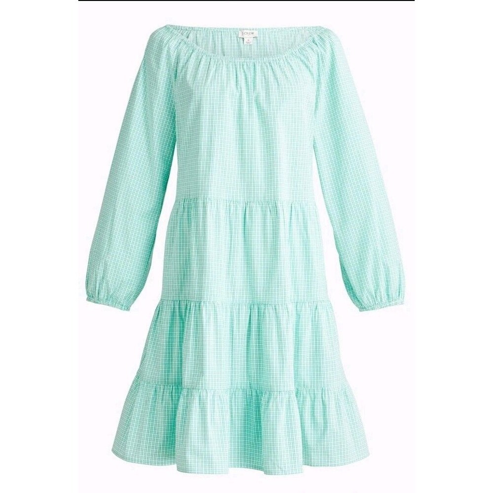 J Crew Women's Gingham Cotton Blend Poplin Raglan Tiered Mini Dress Green Size M